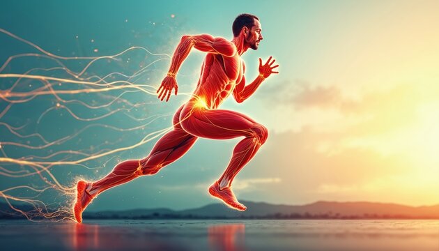 Scientific visualization of athlete body, muscles, neural connections in motion. Muscular male figure runs with energy lines, showing intense training, body development, physical performance. Concept