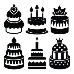 Collection of Six Silhouette Cake Illustrations Featuring Various Designs and Decorative Elements
