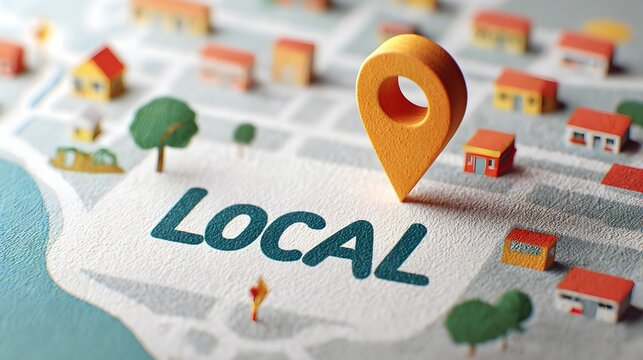 "LOCAL" word art with geolocation mark symbol showcasing a local business in the region