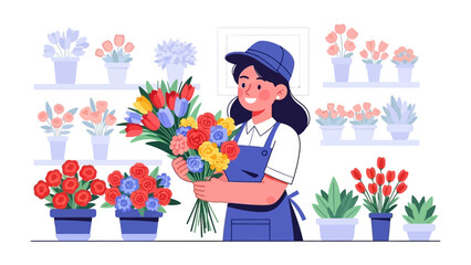 Fresh Bloom: A delightful florist, meticulously arranging a vibrant bouquet within a charming flower shop, a true testament to the art of floral design.