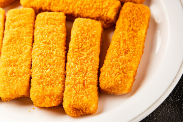 Fish stick seafood fish mince second course tasty snack fresh delicious gourmet food background on the table rustic food top view copy space pescetarian diet