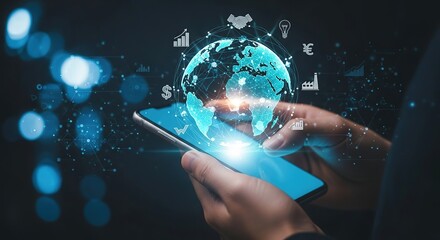 Hands holding smartphone with digital globe and financial data overlay