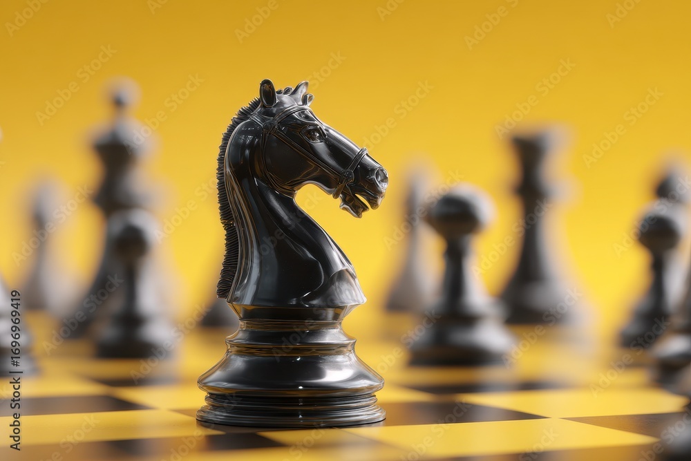 Poster Dynamic 3D Knight Figure on Vivid Yellow Canvas - A Minimalist Battle Concept in Abstract Style