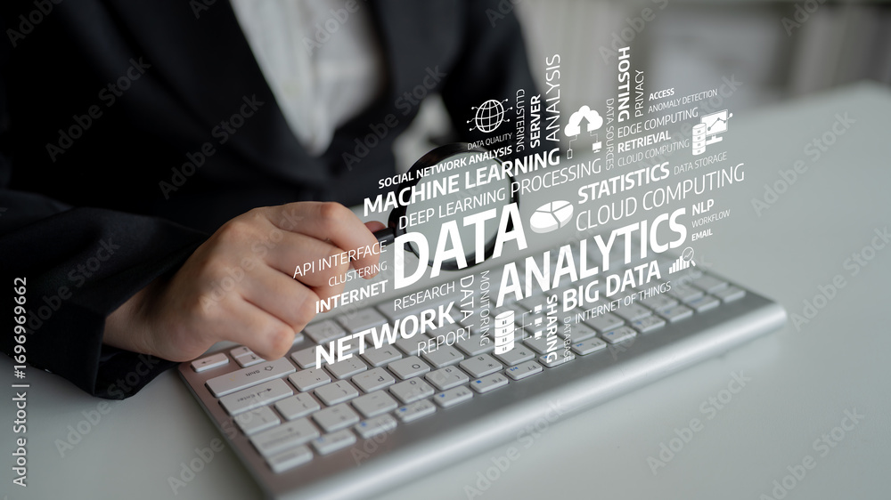 Aufkleber a business professional interacts with a keyboard, highlighting key terms related to data analytics,
