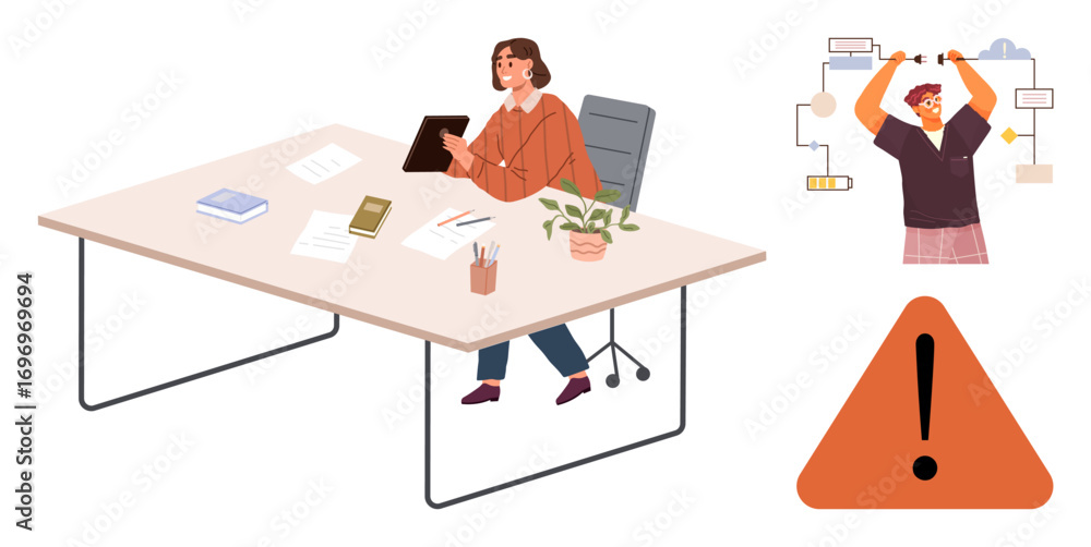 Aufkleber woman analyzing tasks on tablet at desk with documents, plant, workflow chart. colleague managing wo
