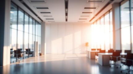 blurred background of a modern office interior with panoramic windows and beautiful lighting, Blurred office meeting room
