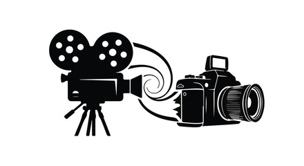 Vintage film camera transitions into a modern DSLR, symbolizing evolution of media creation.