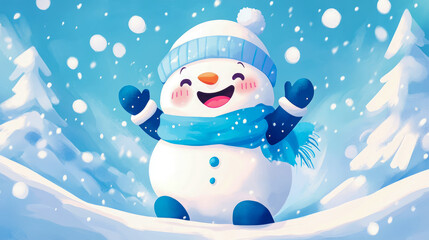 Obraz premium Adorable and joyful cartoon snowman wearing blue hat, scarf, and mittens, gleefully raising its arms amidst magical falling snow winter landscape with frosted trees and soft snowy hills.
