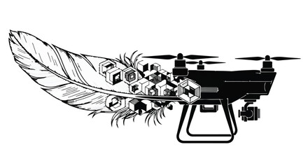 Futuristic drone merges with delicate feather, symbolizing technology and nature's blend