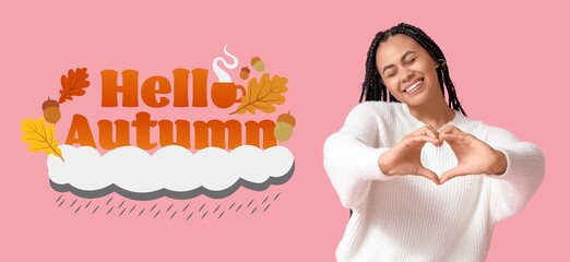 Banner with text HELLO AUTUMN and happy African-American woman showing heart gesture on pink background