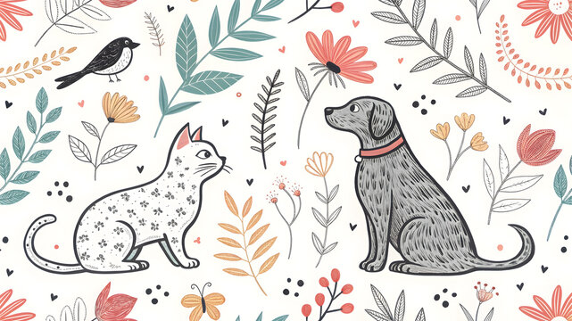 Elegant Pattern Design Featuring Animals Plants and Flowers in a Seamless Repeat