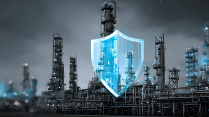 Cybersecurity for Industrial Automation.A digital sheld protecting a factory ntwork from potential cyberttacks