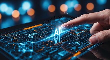 Hand touching a futuristic ai interface on a circuit board