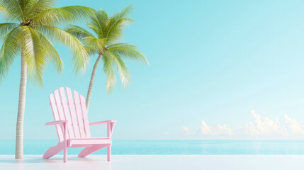 Vibrant pink Adirondack chair inviting relaxation on minimalist white deck, framed by lush palm trees, overlooking serene turquoise ocean and clear blue sky with soft clouds