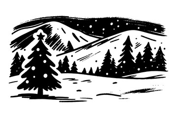 Snowy mountain forest with Christmas trees in monochrome ink style artwork.