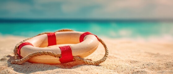 The lifebuoy on a sandy beach with turquoise ocean and sunny horizon