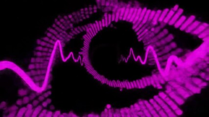 Abstract image featuring pink waveforms and concentric shapes against a black backdrop - Powered by Adobe
