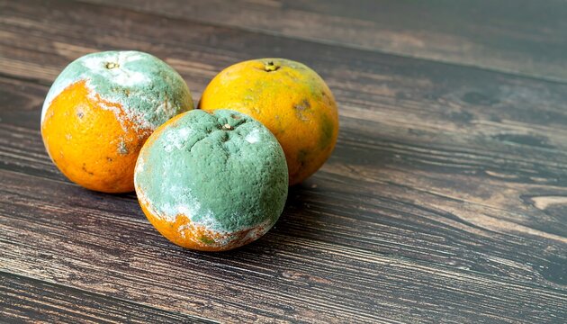Three oranges with mold on a wooden surface