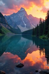 Serene mountain lake reflecting a vibrant sunset, surrounded by lush green trees and towering peaks Perfect for travel, nature, and environmental themes , serene, trees, greenery