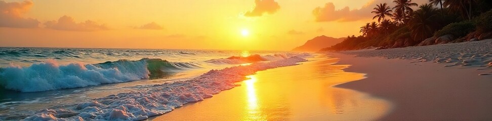Golden hour sunlight bathes a tranquil sunrise beach, illuminating the calm ocean waves and wet sand Perfect for travel, vacation, or nature themes , scenic, light