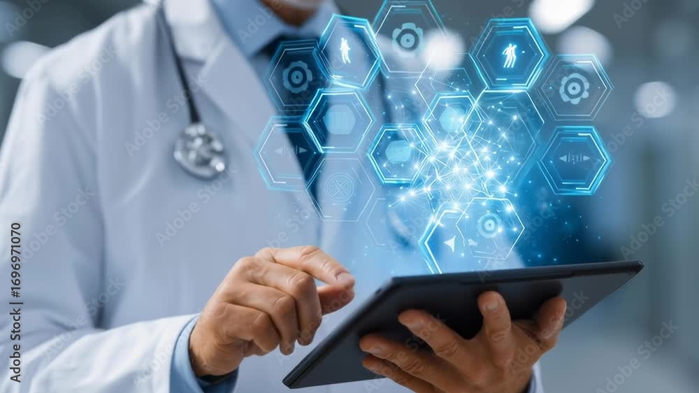 Aufkleber a doctor is using a tablet to view a medical image. the image is a complex network of interconnected