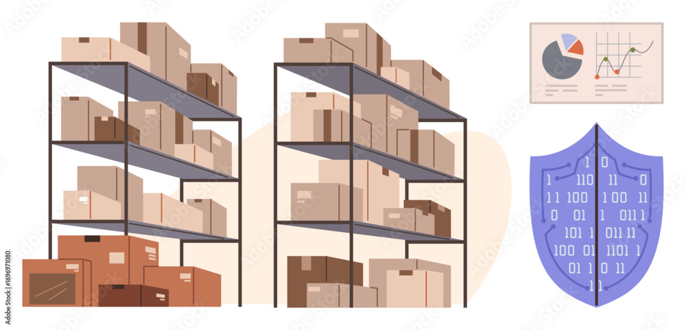 Aufkleber rows of storage shelves stacked with boxes, a security shield with binary code, and data charts on t