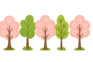 Fototapeta premium Cute spring cherry blossom tree illustration with pink flowers and green leaves in cartoon style