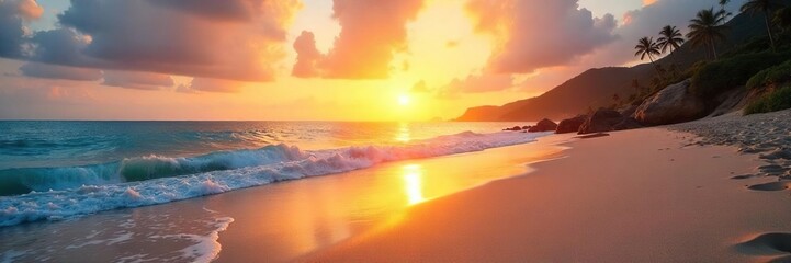 Golden hour light bathes a tranquil sunrise beach scene Soft sand, gentle waves lapping the shore, peaceful sky Perfect for travel, vacation, or nature themes , travel, texture