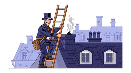 Chimney Sweep's Ascent: A traditional chimney sweep ascends a ladder toward a rooftop, ready to maintain the chimney's function.