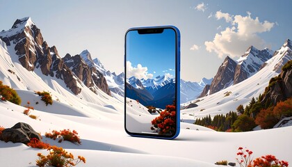 A vibrant blue smartphone displays a breathtaking winter mountain landscape, showcasing the phone's capabilities in vivid detail.