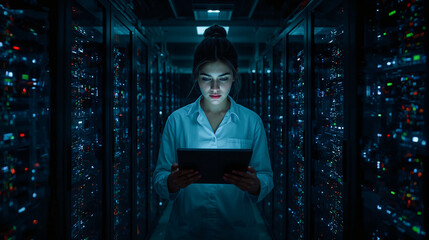 A skilled female IT engineer operates in a dark server room, managing network servers via a digital tablet. The glowing LED servers highlight a modern, secure, high-tech environment.