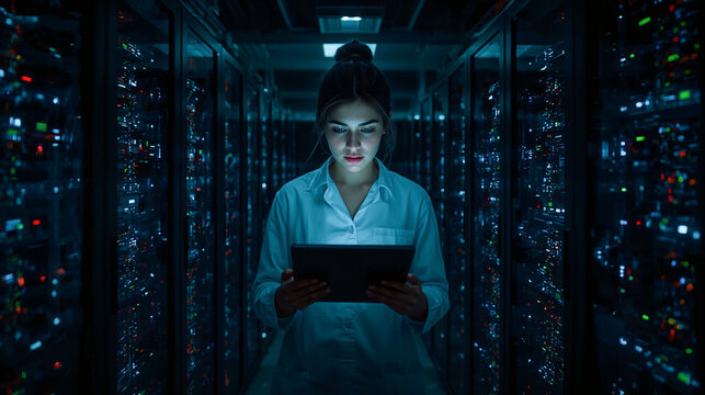 A skilled female IT engineer operates in a dark server room, managing network servers via a digital tablet. The glowing LED servers highlight a modern, secure, high-tech environment.