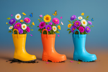 Colorful rubber boots filled with vibrant flowers and butterflies against a blue background in a cheerful display of springtime joy Generative AI