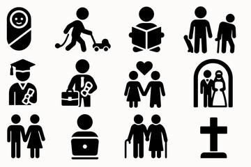 Life cycle icon set. Solid vector icons of baby, toddler, graduate, couple, wedding, parents, senior and cemetery. Human life journey pack.