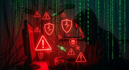 Cybersecurity threat concept with a shadowy hacker breaching a computer system, surrounded by red warning icons and digital code