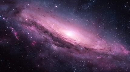 Mesmerizing cosmic swirl of a vibrant pink and purple galaxy, illuminated by a bright central core, stretching across a deep starry expanse