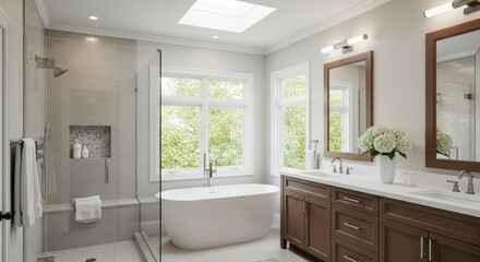 Fototapeta premium Bright Bathroom Oasis: Freestanding Tub, Dual Vanities, and Skylight Illumination