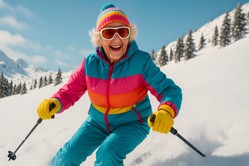 Elderly woman skiing joyfully in vibrant winter attire on a sunny mountain slope surrounded by trees Generative AI