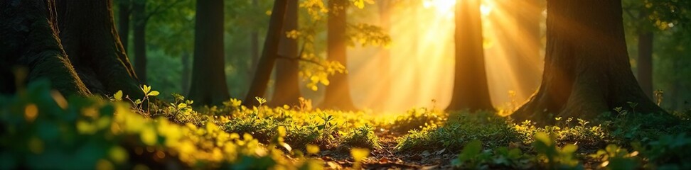 Golden hour sunlight streams through leaves, illuminating a forest floor with dappled light and warm shadows Perfect for nature, serenity, and peaceful backgrounds , golden hour, sunlight