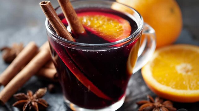 A glass of red wine with a cinnamon stick and an orange slice. The drink is served in a glass mug