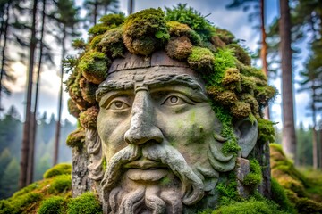 Obraz premium Ancient Stone Head Sculpture Covered in Moss in a Lush Forest Setting