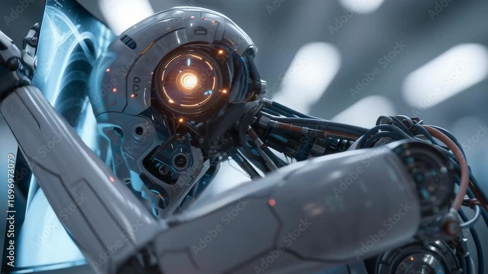 Poster a robot is looking at a x-ray of a human body. the robot is wearing a white helmet and has a blue li