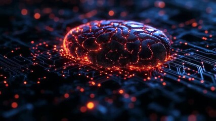 A glowing brain resting on a circuit board, symbolizing technology and innovation in a digital landscape - Powered by Adobe