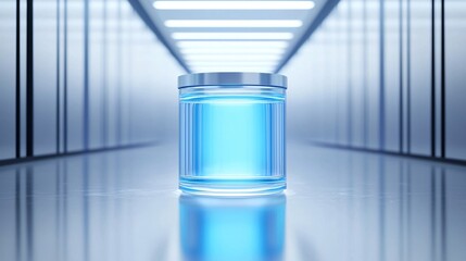 ide panoramic shot of futuristic laboratory with quantum computer cryogenic chamber glowing blue