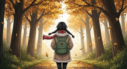 Anime-style girl with braids, calm, walking down a path, sunlit autumn forest