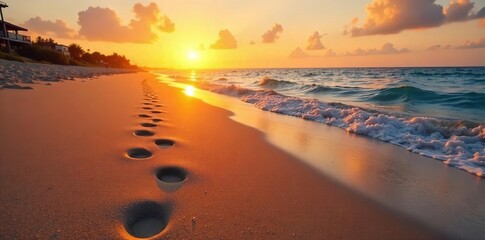 Footprints in soft, golden sand at sunset, casting long shadows A serene and peaceful beach scene, perfect for travel or relaxation themes , warm, coast