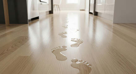 Trail of wet footprints on a clean light wood floor, natural colors, representing summer or a cleaning concept