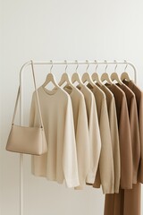 Clothes hanging on rack in neutral color palette