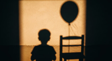 Shadow of a child and balloon, nostalgic, representing childhood memory, warm sepia background