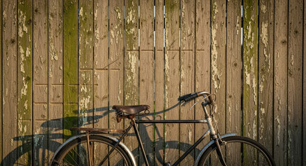 Vintage bicycle, nostalgic, representing a simple life, rustic weathered fence background